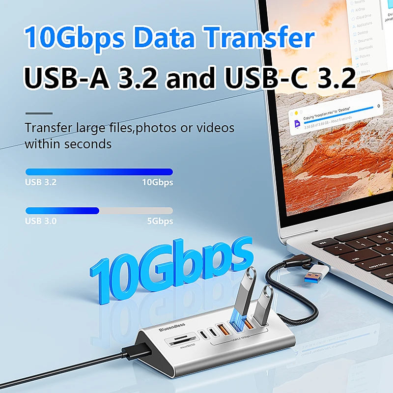 'Type-C USB 3.2 hub: 10Gbps data splitter for dual devices — ideal for monitors, phones, or peripherals'