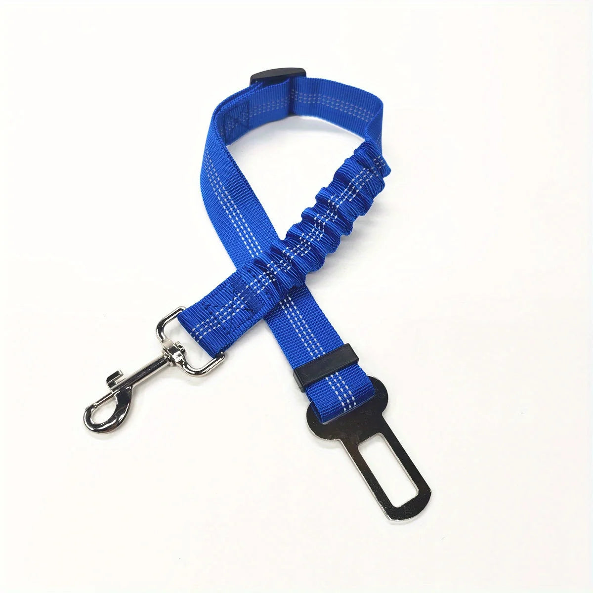 Blue nylon dog leash with metal hook, designed for secure pet harness attachment in vehicles. Fits most car seat belt loops. 