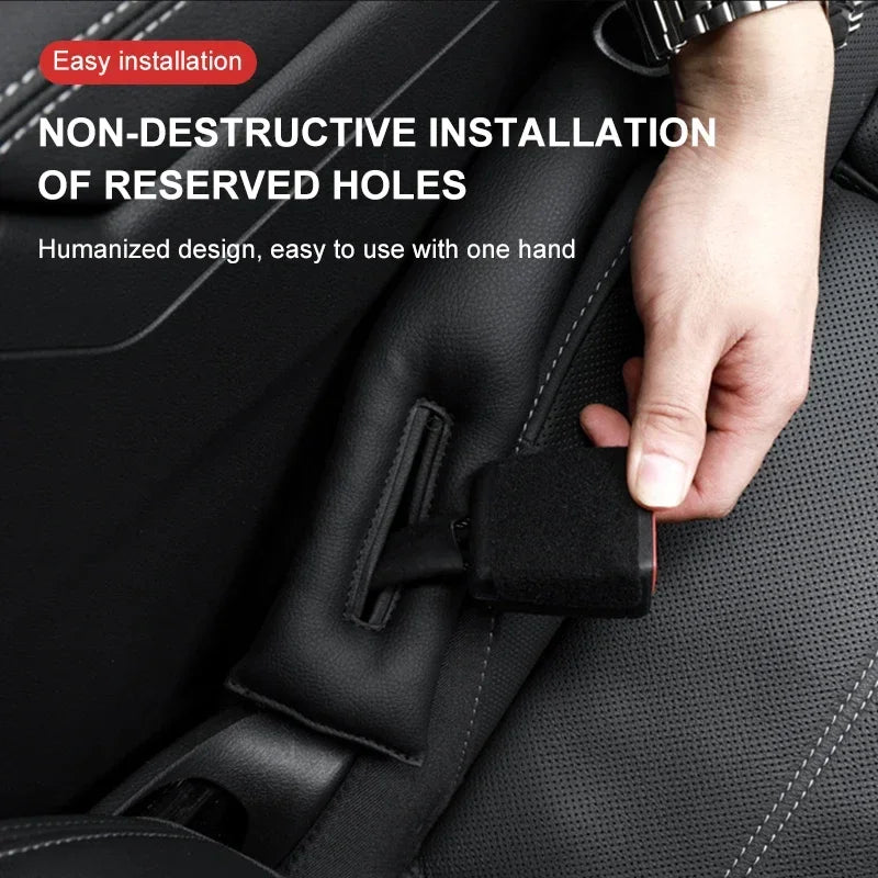 Black leather seat gap filler for BMW E36, E39, E46, E60 X5. Non-destructive installation.