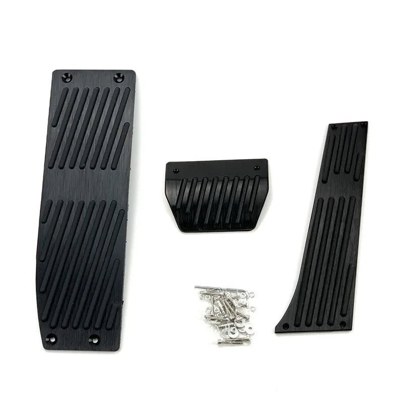 "Aluminum BMW E30 E36 E46 E90 M3 X1 pedal covers: black, includes front mounting plates."