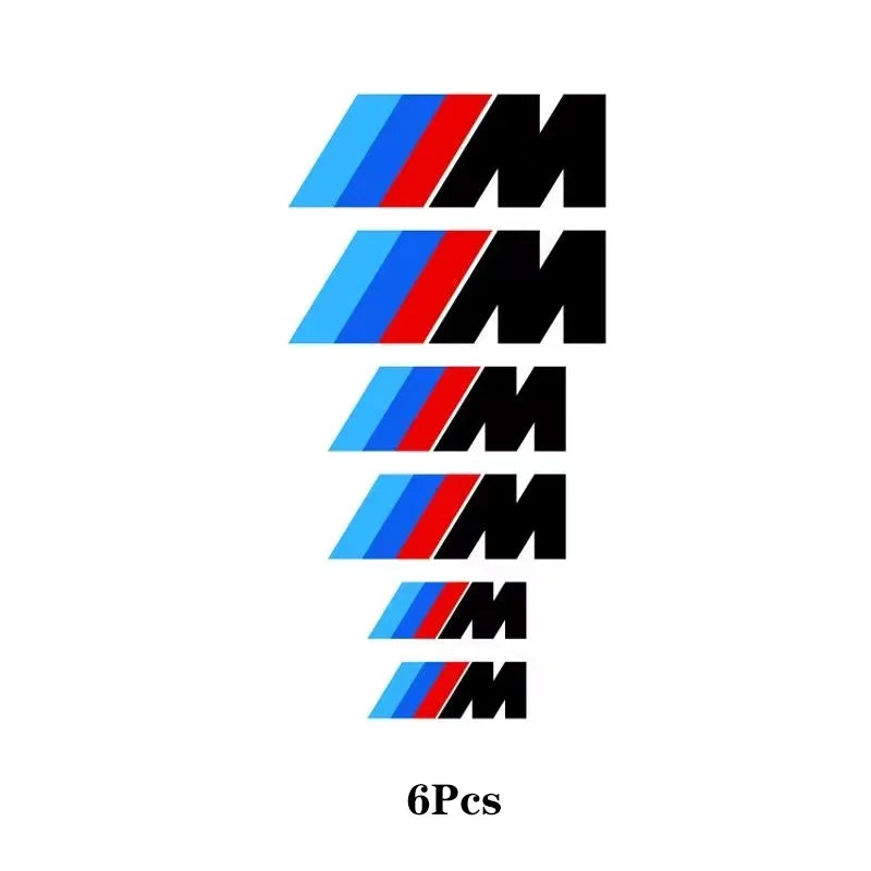 Six pack of BMW brake caliper stickers with corresponding logos.