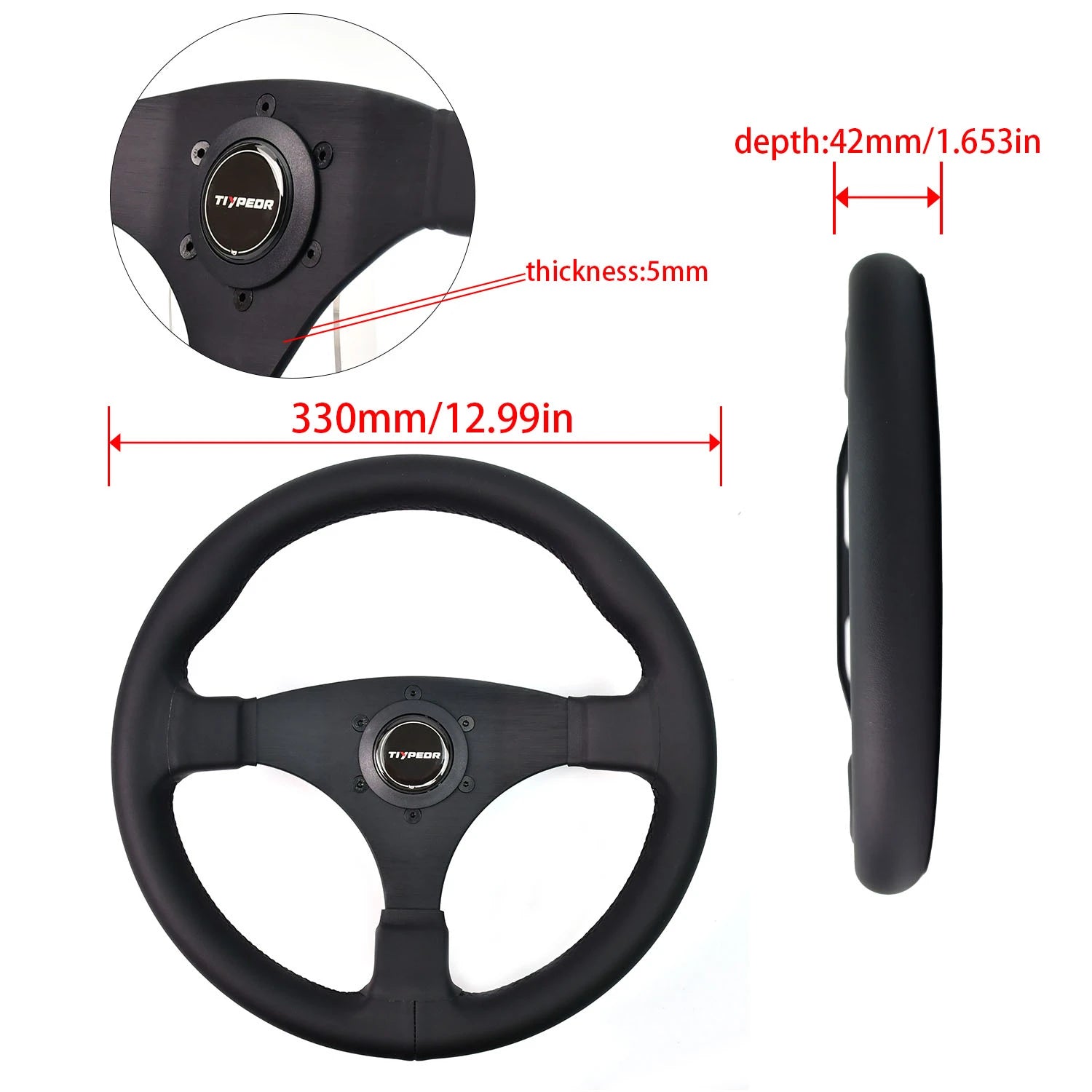 BMW E30/E46/E90 steering wheel in premium leather. Fits OEM and aftermarket applications. Dimensions: 360mm diameter x 87mm t