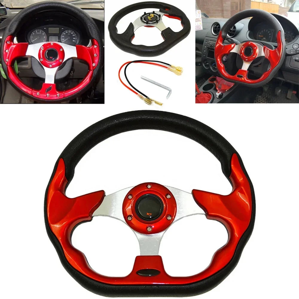 13-inch universal racing steering wheel with red leather cover.