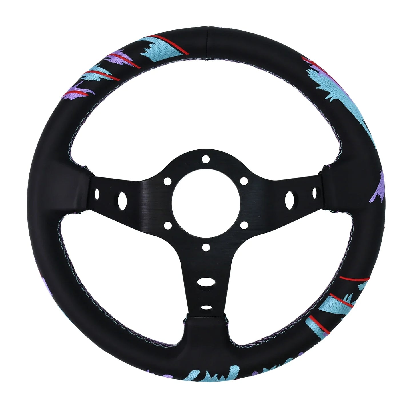 Universal 320mm drift-style sim racing steering wheel with vibrant patterned cover.