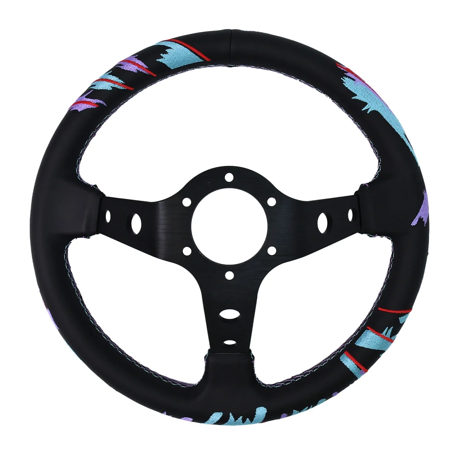 Universal 320mm drift-style sim racing steering wheel with vibrant patterned cover.