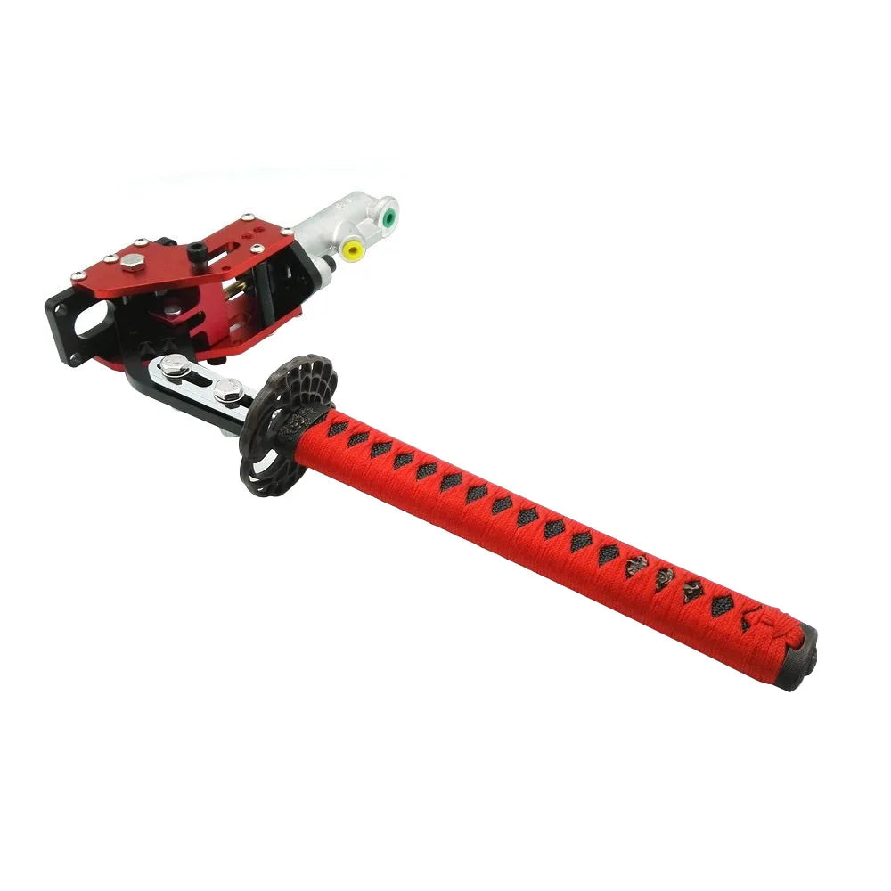 Red and black universal handbrake toy with a white handle. (Samurai Sword Drift Handbrake - Hydraulic Racing E-Brake)