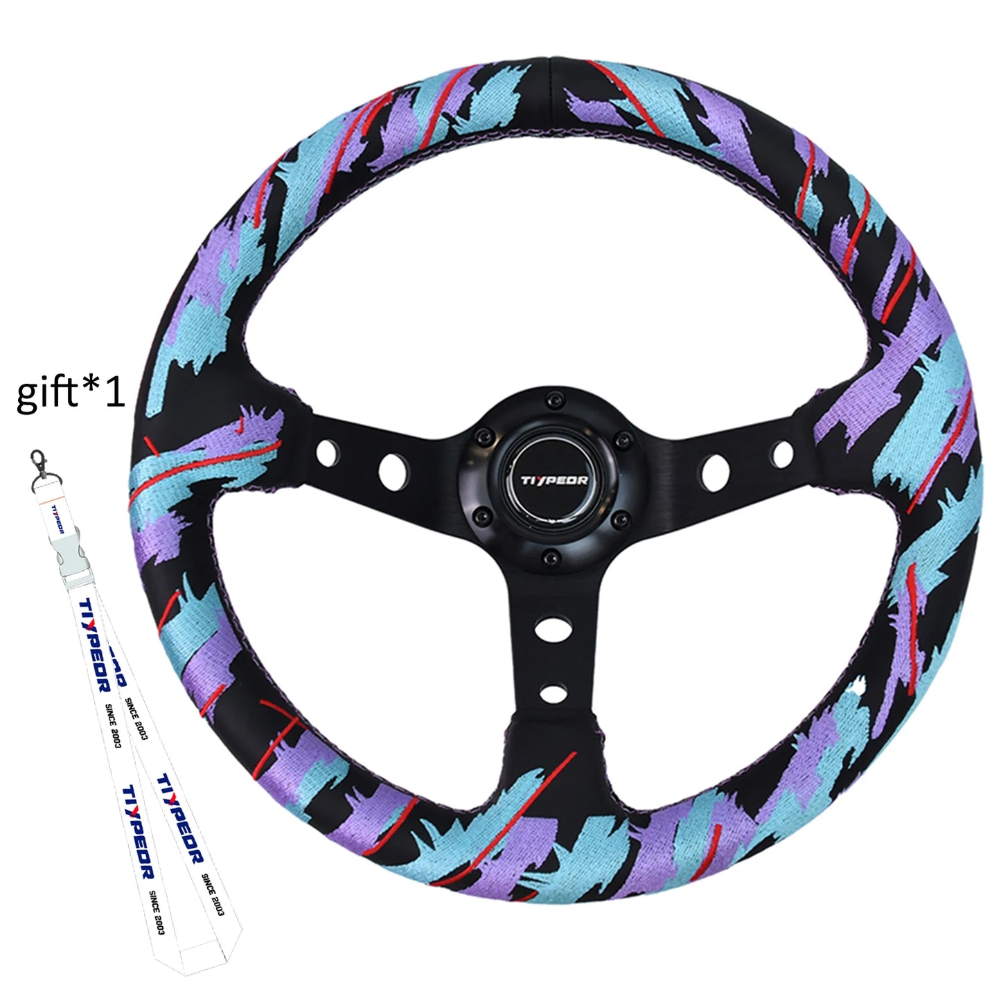 Universal 320mm drift steering wheel with blue-pink accents.