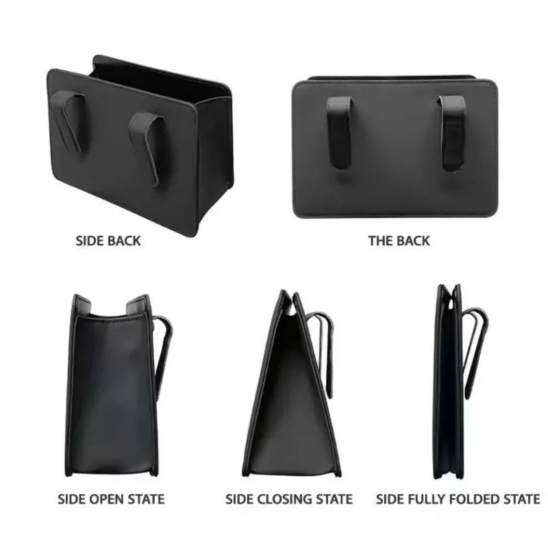 'Foldable car trash can with door storage. Black faux-leather material. iPhone compatible pocket.'