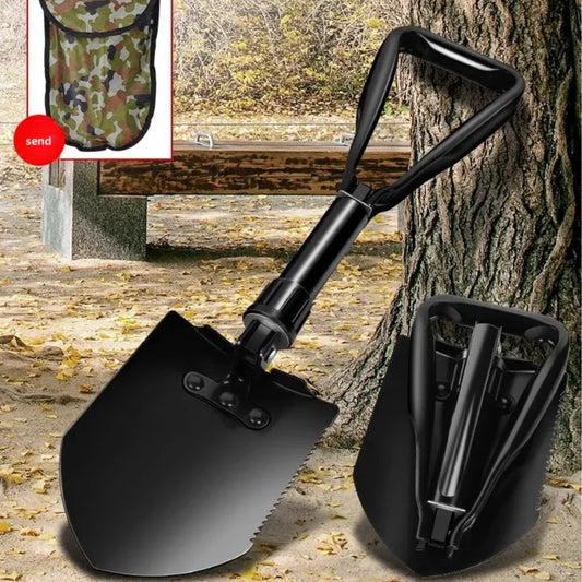 'Foldable engineer shovel with carry bag. Outdoor tool against dirt and debris.'