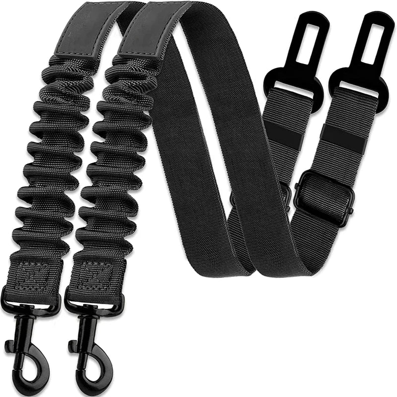 Black adjustable pet harness with matching buckle for car seat belt attachment. Fits cats and small dogs.