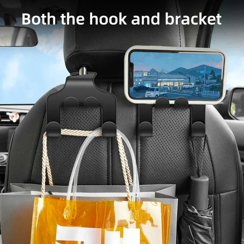 Car Seat Headrest Hook — black storage organizer for phones and small items. Fits all cars. Not shown: vehicle or accessories