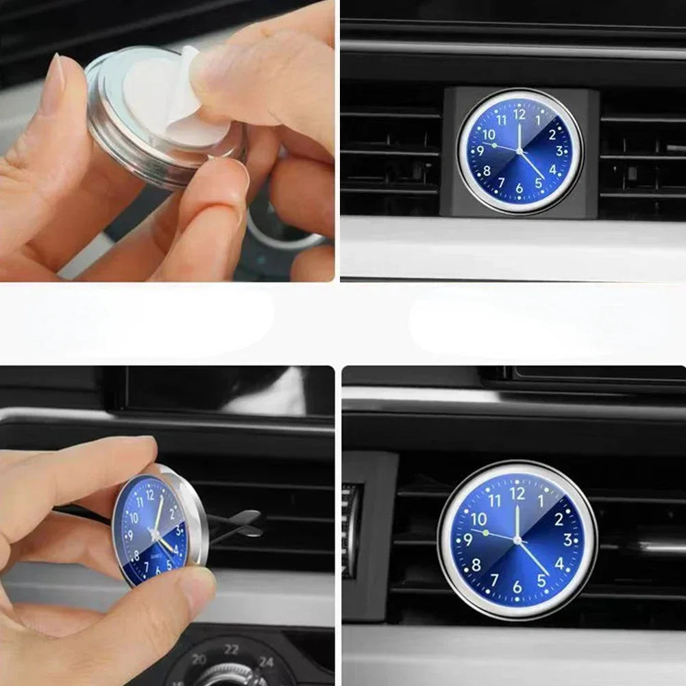'Mini luminous car clock. Stick-on watch for mechanics or enthusiasts. Sleek, functional design.'