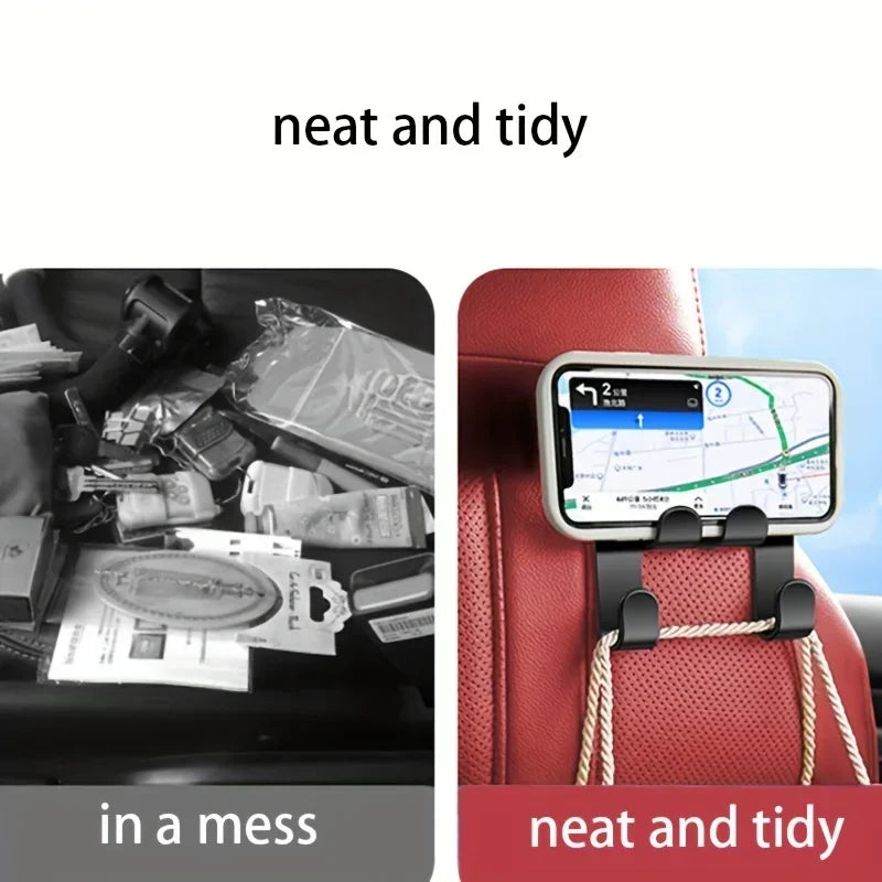 Black universal hook hanger organizes phone near car seat, compatible with belts. Ecommerce display ready.