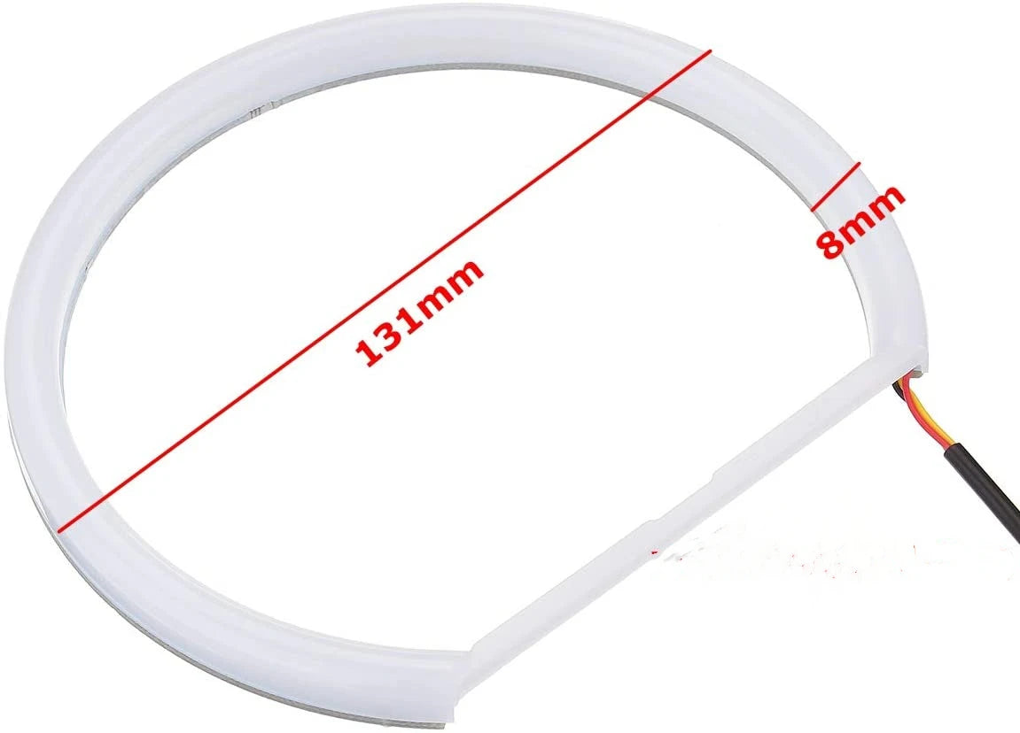 Four BMW E36/E39 LED halo rings: three white and one amber. White LED illuminated with a distinct red outline.