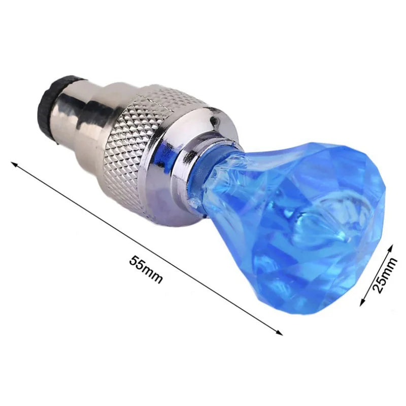 'Neon wheel valve caps with integrated BLUE LED bike lights — fits standard bike tires and adds visibility.'