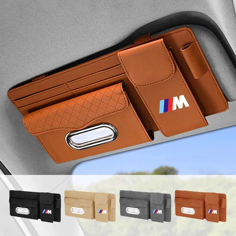 "BMW Sun Visor: Holds tissues and glasses for E36, E39, and E46 models. No fluff: Sun visor accessory for BMW vehicles."