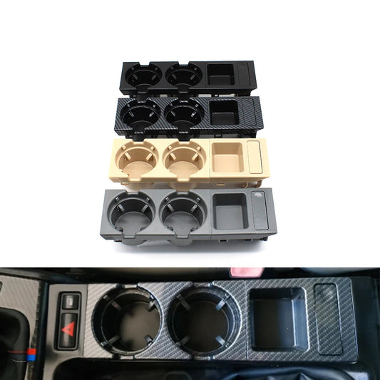 BMW E46 center console upgrade: water cup holder tray fits 3 Series. Improves storage functionality. Measurements for easy in