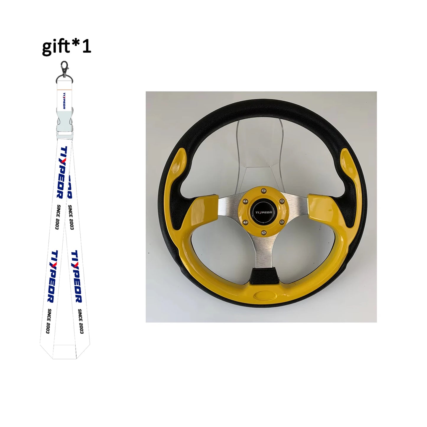 13-inch Universal Fit PU racing style steering wheel with distinctive white and yellow stripe.