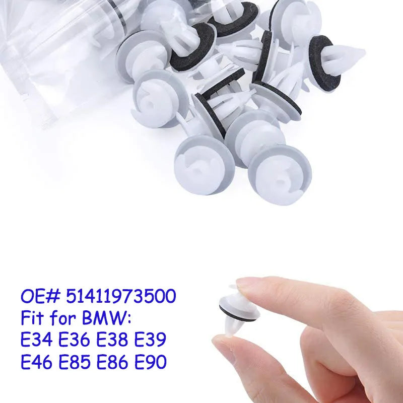 Package of 50 BMW E46 door panel clips (trim rivets 51418224768). Included in fastener kit.