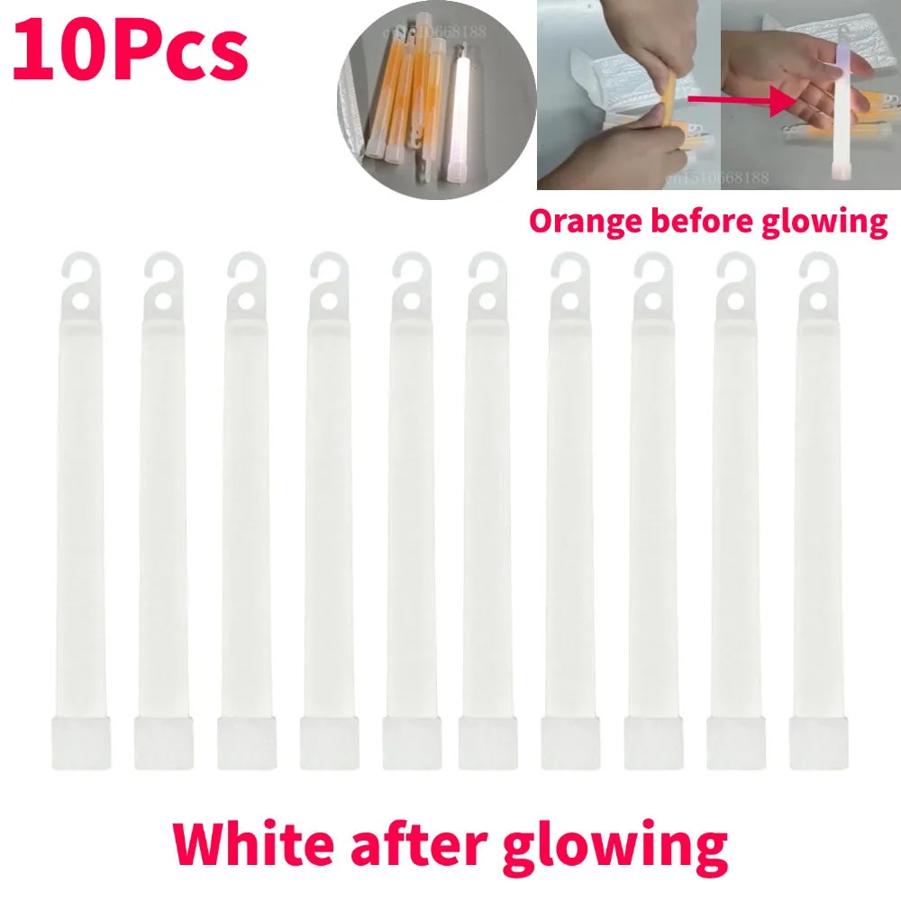 "10 glow sticks in Military Survival Kit for camping, hiking, and emergency situations."