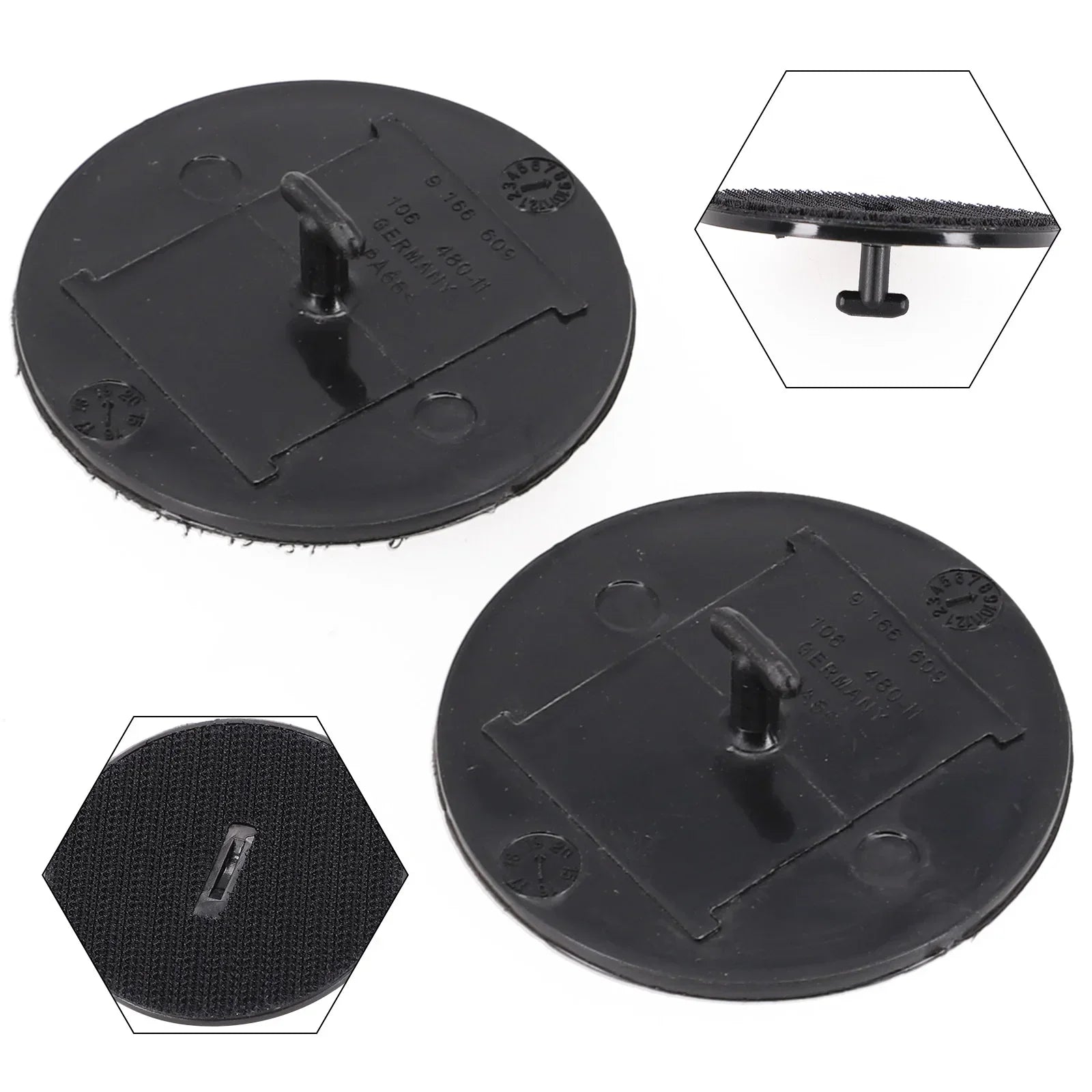 Two BMW/MINI floor mat clips in black plastic, round base.