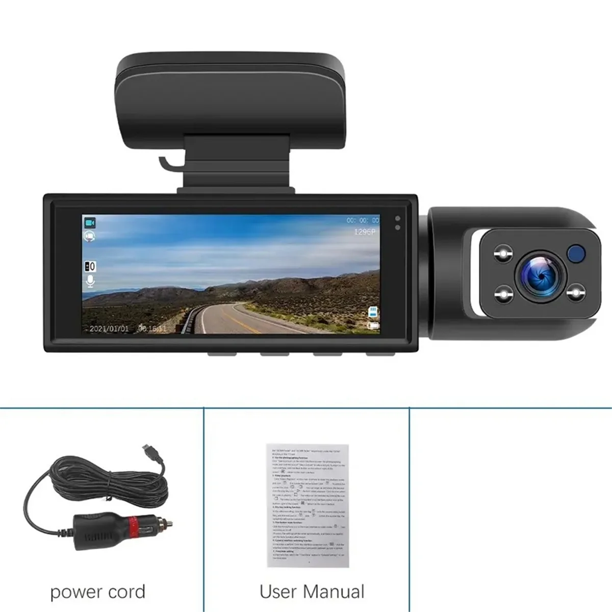 '3MP Car Dual Lens Recorder with Wi-Fi. Front and interior cameras for full coverage. Night vision IR.'