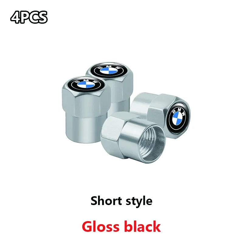 Four BMW tire valve stem caps in stainless steel. Replace standard caps on E36, E46, and E90 models. Upgrade your wheels with
