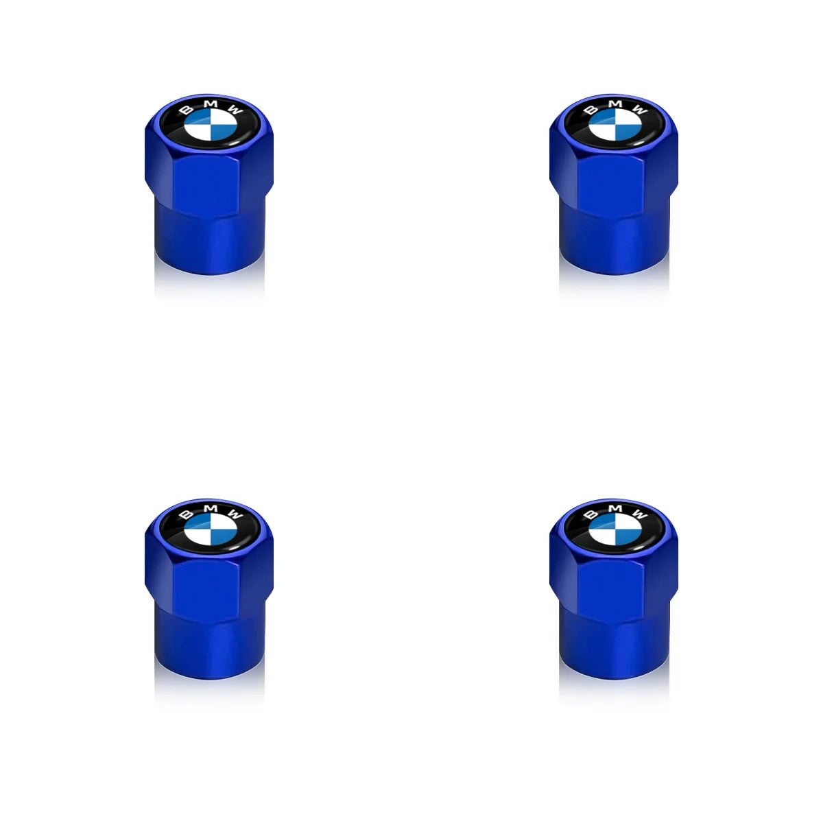 Set of 4 blue aluminum BMW tire valve stem caps for E36, E46, and E90 models.