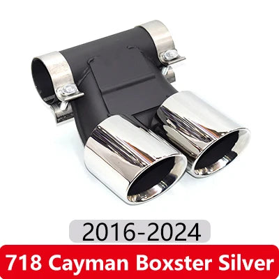 Dual chrome exhaust tip for Porsche Cayman and Boxster models (987/981/718) from 2009 to 2024.