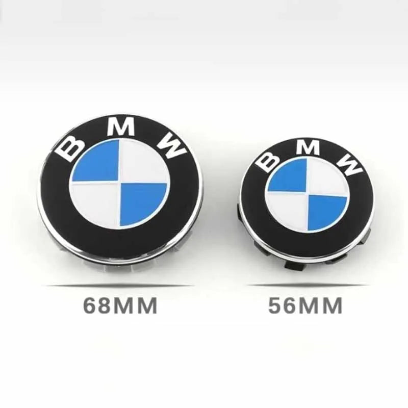 Set of 4 BMW wheel center caps featuring the BMW logo. Sizes: 56mm and 68mm.