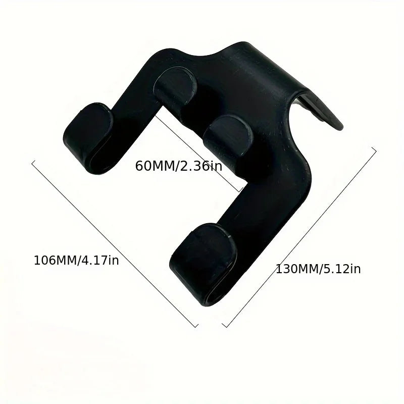 Black headrest hook hanger with plastic handle - fits all car models. Universal storage organizer accessory.