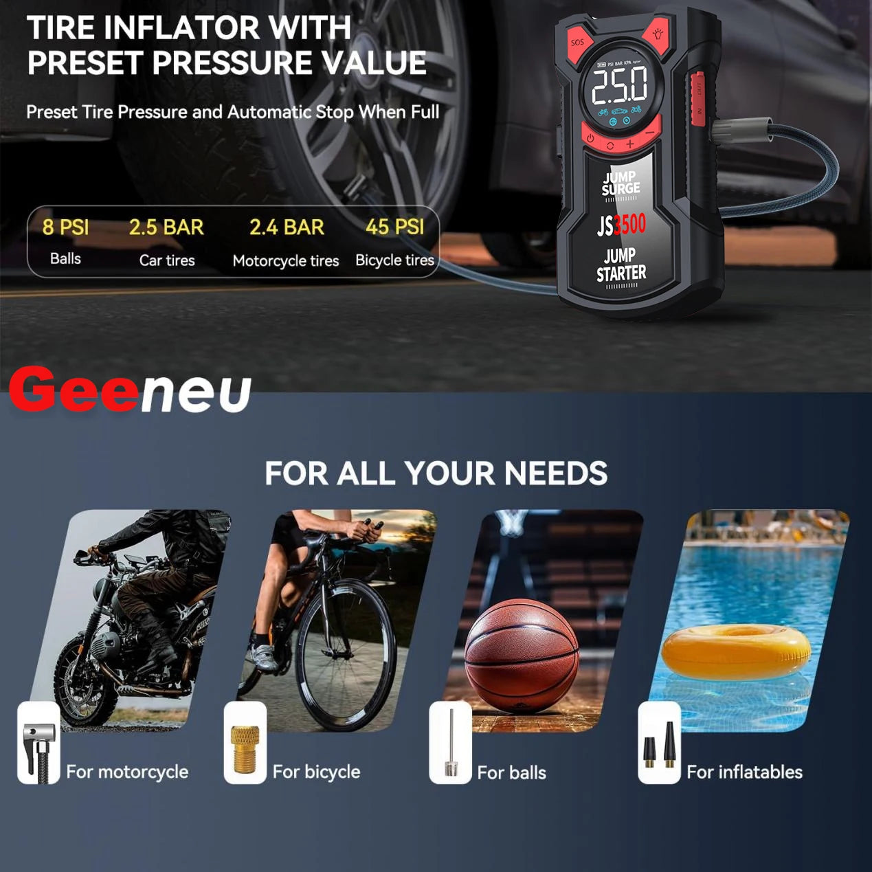 '5-in-1 air pump + jump starter. Check/fill tires, boost battery, inflate balls—all in one tool.'