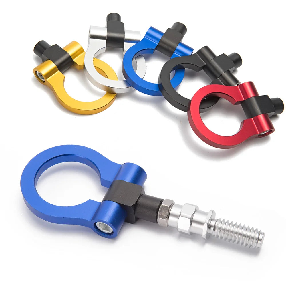 "Universal aluminum towbar with tow hook for BMW E46, E36, E30, E90 models - not included: bicycle handles in blue and red."