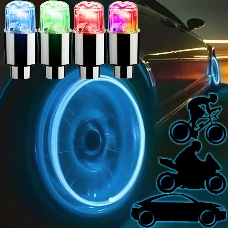 'Universal valve cap LED lights: add color to wheels. Fits most makes/models. Waterproof neon effect.'
