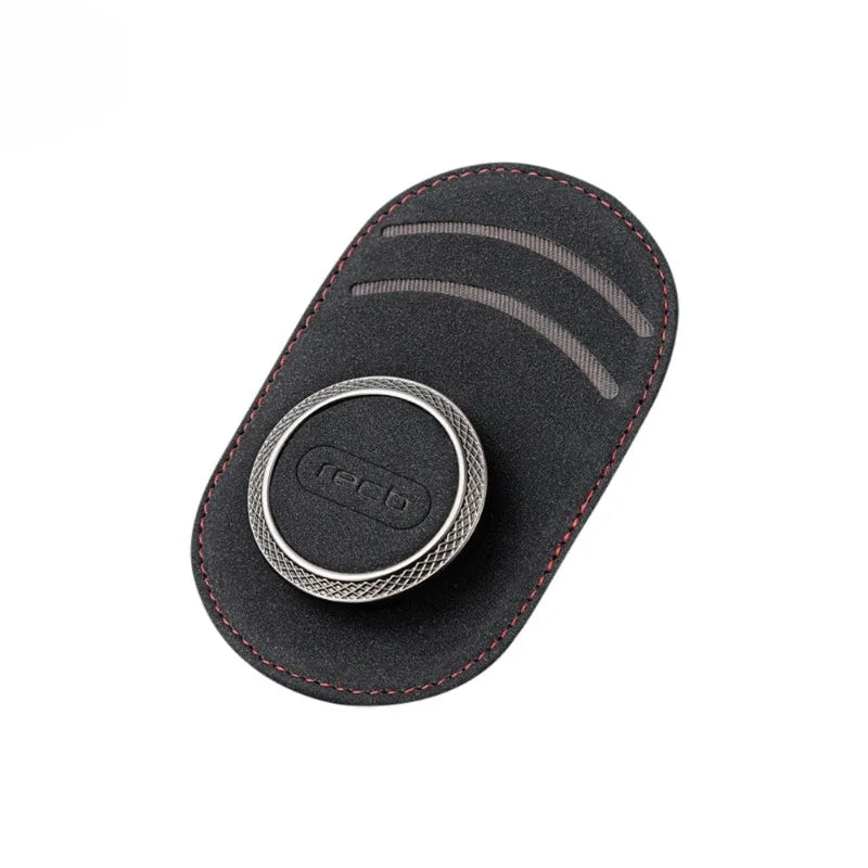 Black PU leather zipper pouch with silver ring attachment, designed for car sun visor organization. Measures approximately 7 