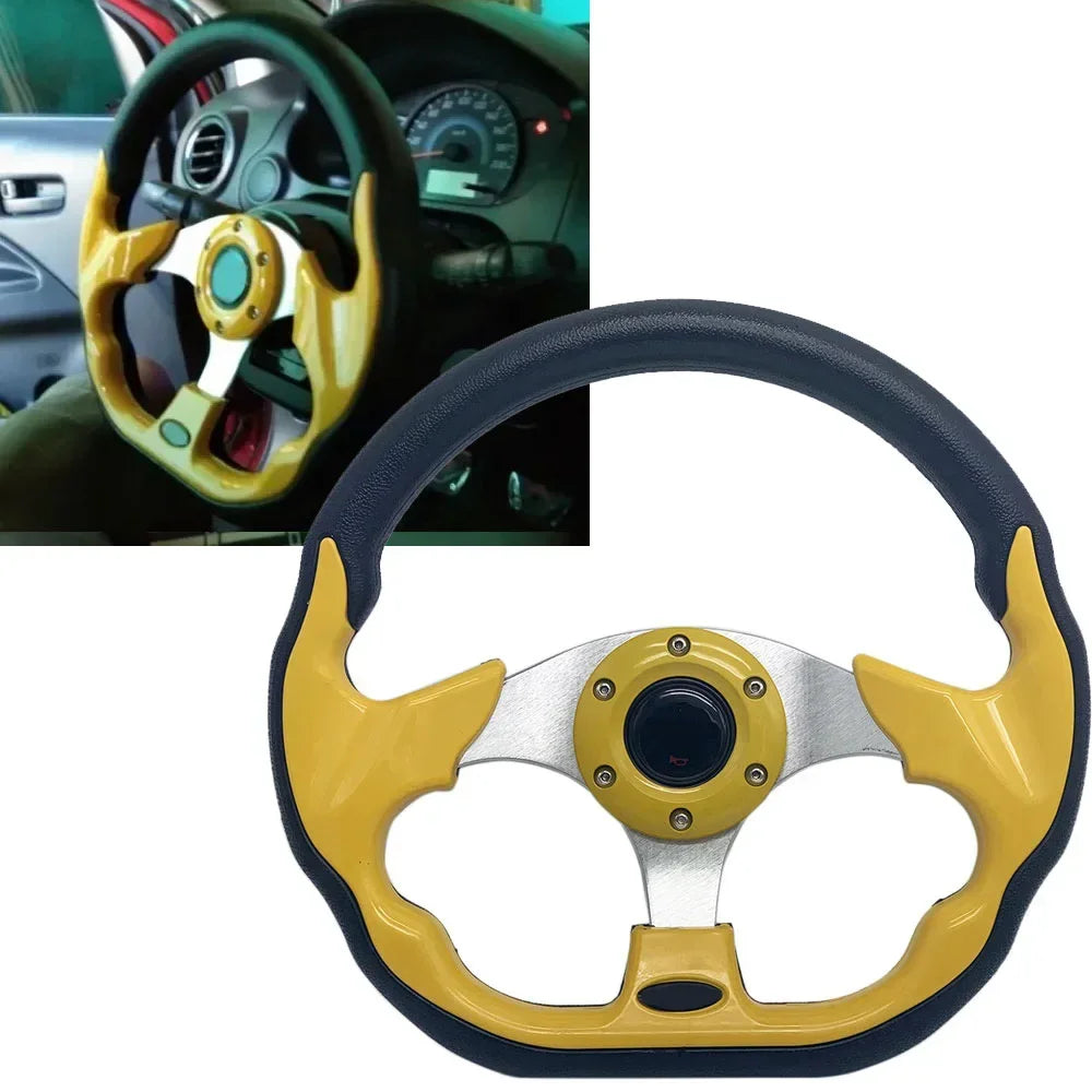 13-inch universal racing steering wheel with PU and aluminum construction. Not intended for BMW e-type specific models.