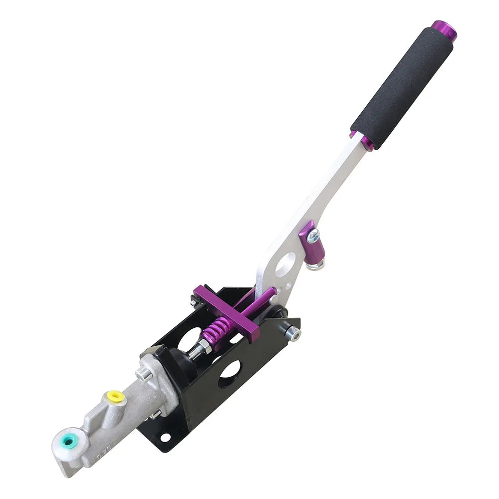 "Purple and white hydraulic handbrake with black handle."