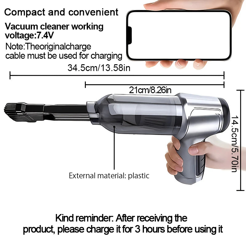 "Handheld vacuum cleaner with phone for scale, demonstrating size."