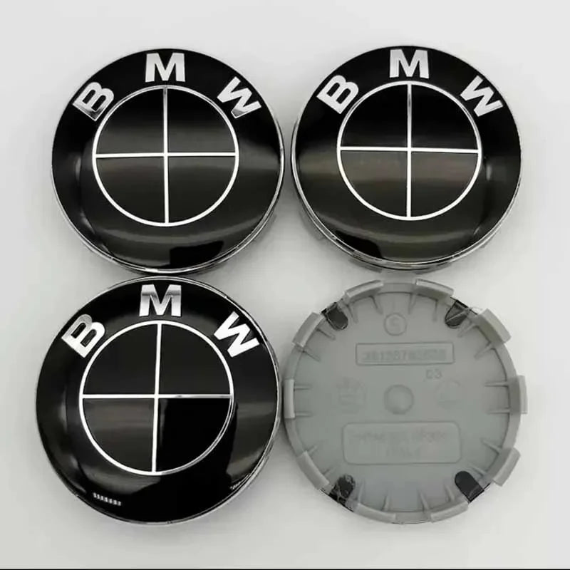 Set of 4 BMW wheel center caps, fits 56mm and 68mm hubs.