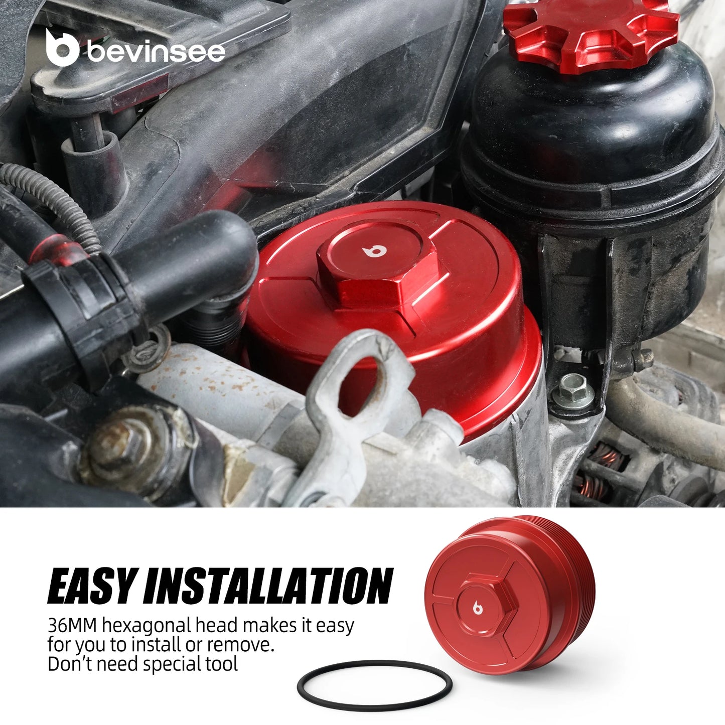 Red BMW M52/M54, M39, E36, Z4 oil filter cap with O-ring for easy installation.