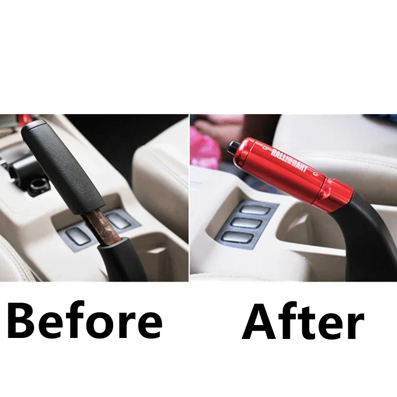 "Red and black seat belts against an aluminum handbrake cover for select Mitsubishi models (Lancer, ASX, Outlander, Evo)."