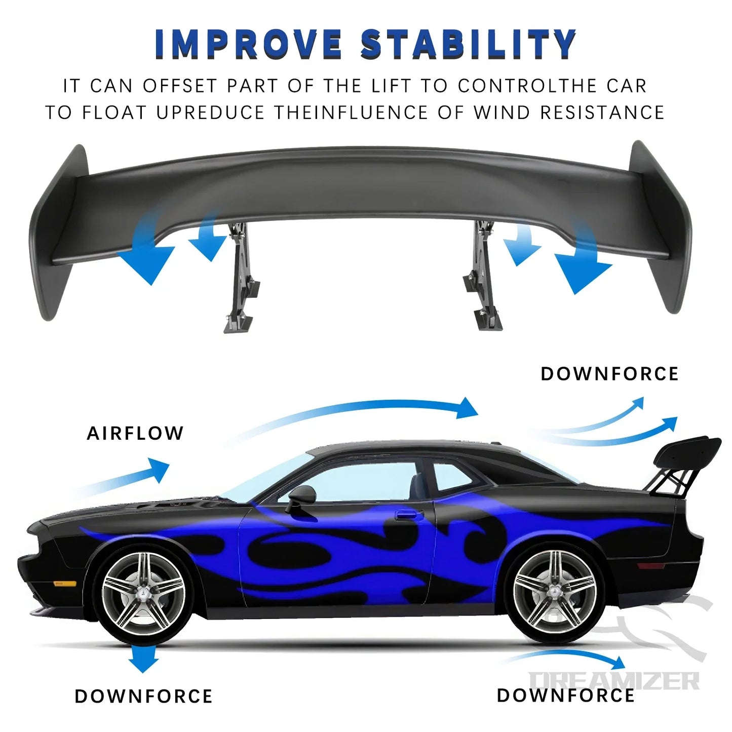 Matte black Universal GT Style rear spoiler (116cm) on a sedans's blue body.