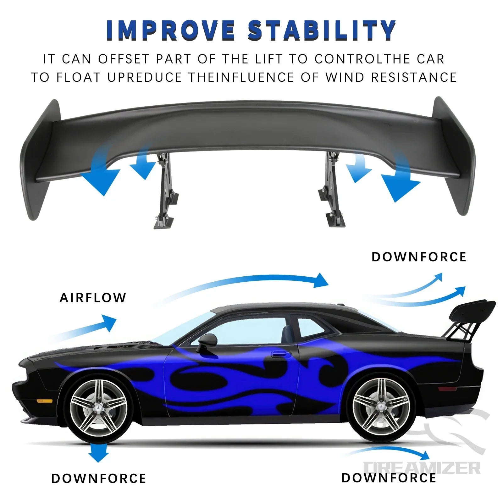 Matte black Universal GT Style rear spoiler (116cm) on a sedans's blue body.