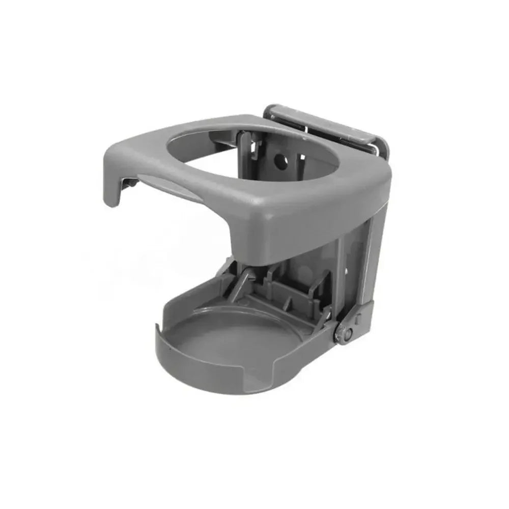 Gray car cup holder with folding bottle tray and coffee ashtray mount. Measures approximately 8 x 6 inches. Perfect for on-th