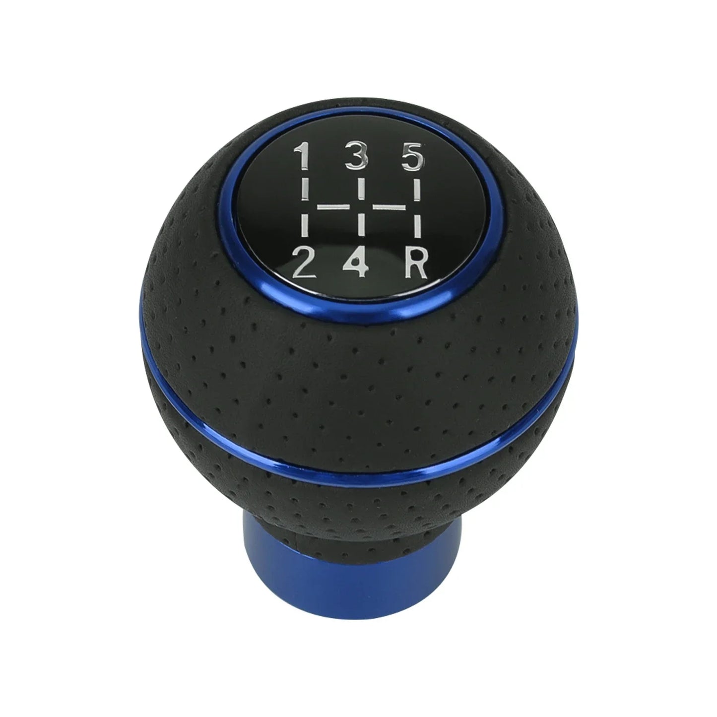 'Aluminum gear shift knob with blue center and M8/M10/M11/M12 thread. Set against white.'