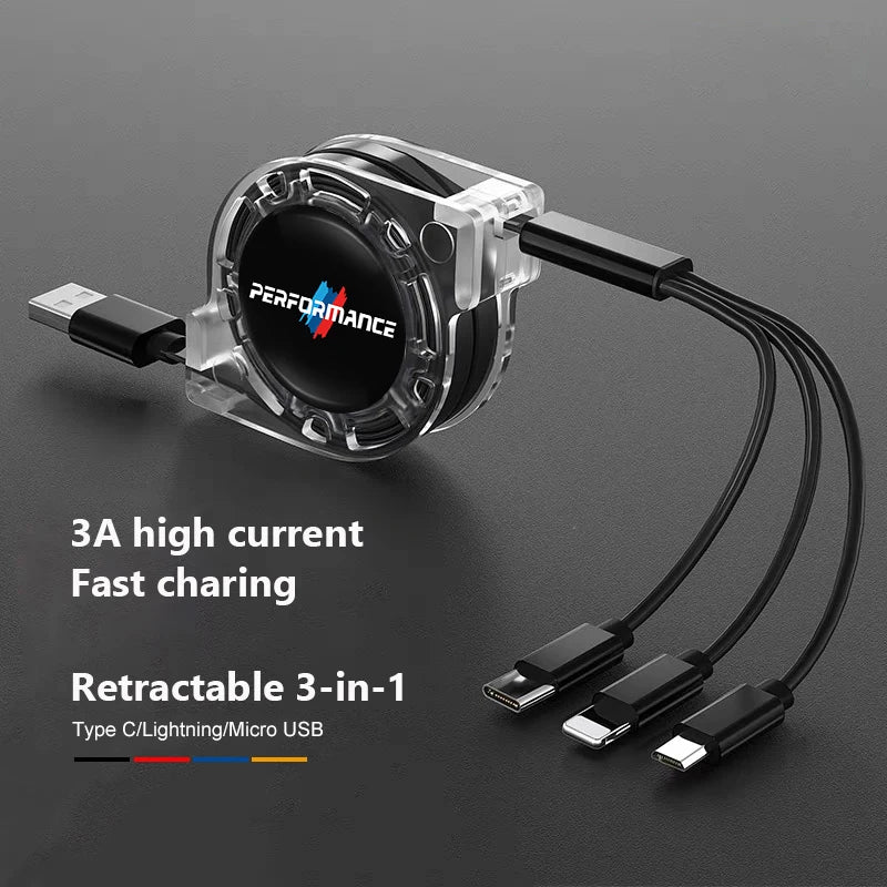 "3-in-1 USB-C charging cable for BMW and universal use, shown connecting a smartphone."