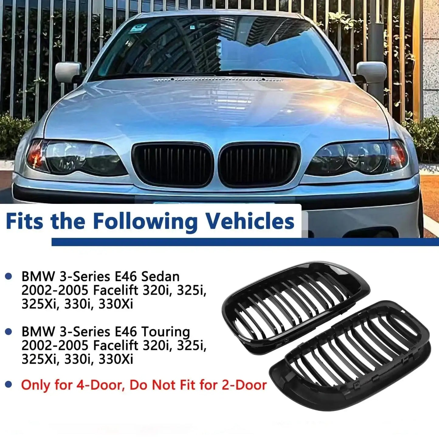 BMW E46 Kidney Grille Double Slats Black – 3 Series 2002–2005 (320i 325i 325xi 330i 330xi 4-Door) - JustUsRacers