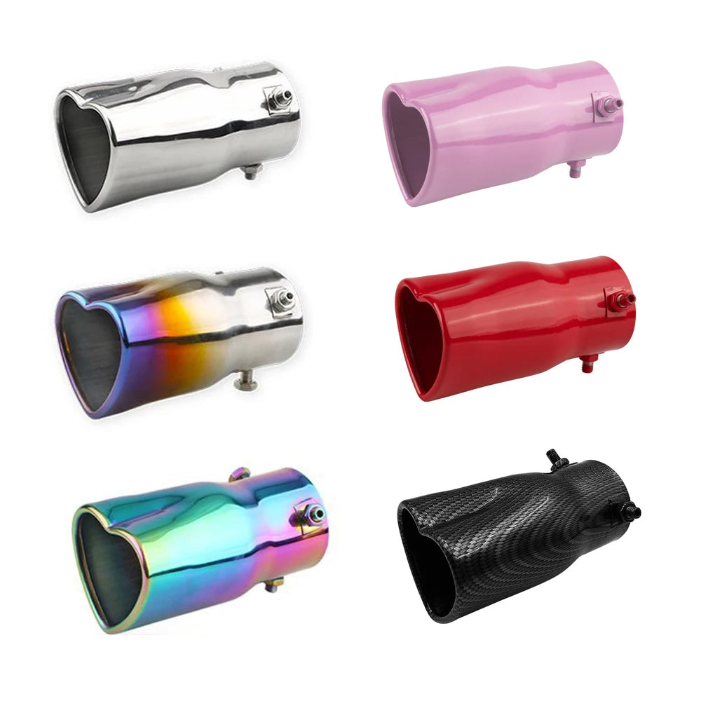 Stainless steel heart muffler with multiple color options, fitting various makes. Universal fit for performance upgrades.