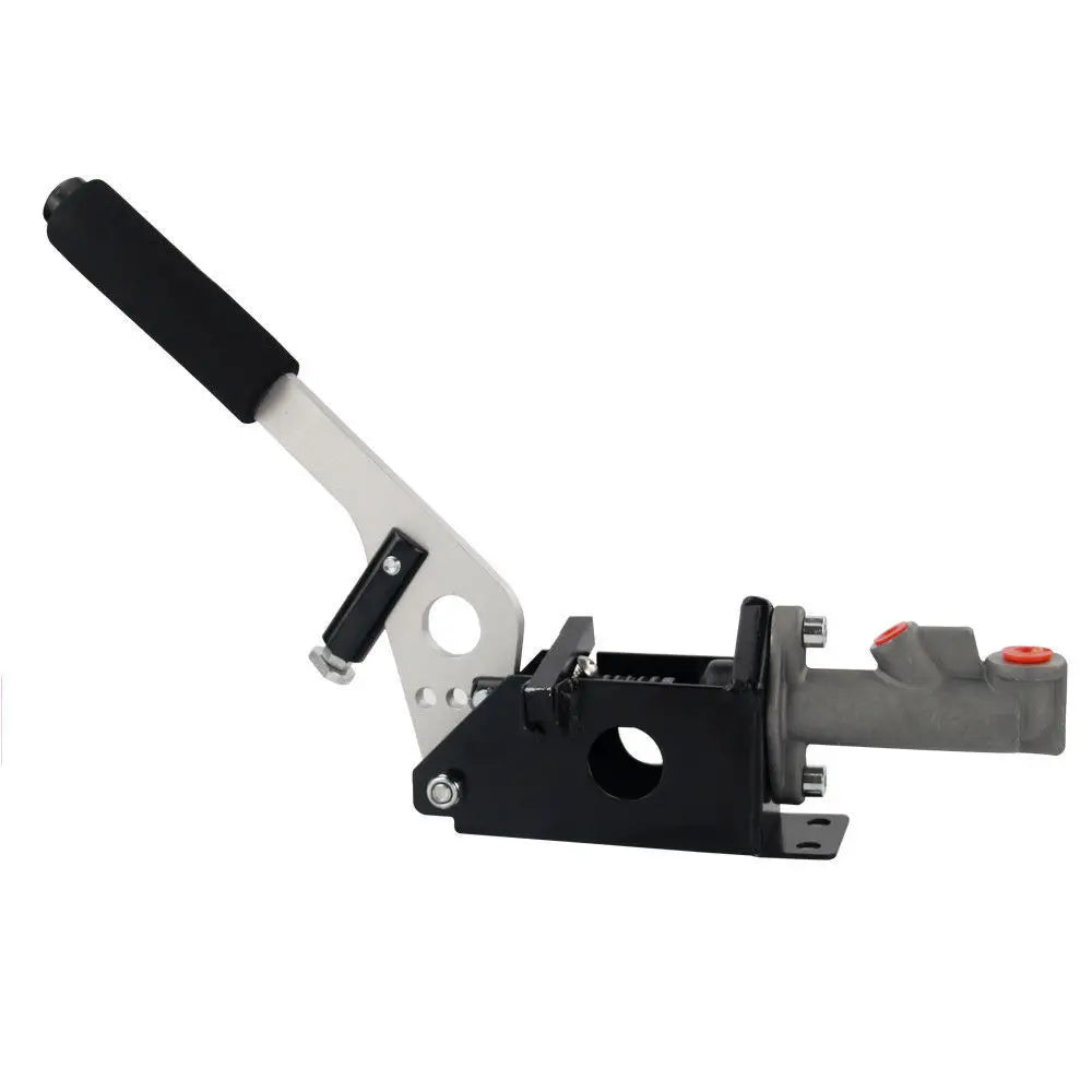 Black and white hydraulic handbrake with red handle.