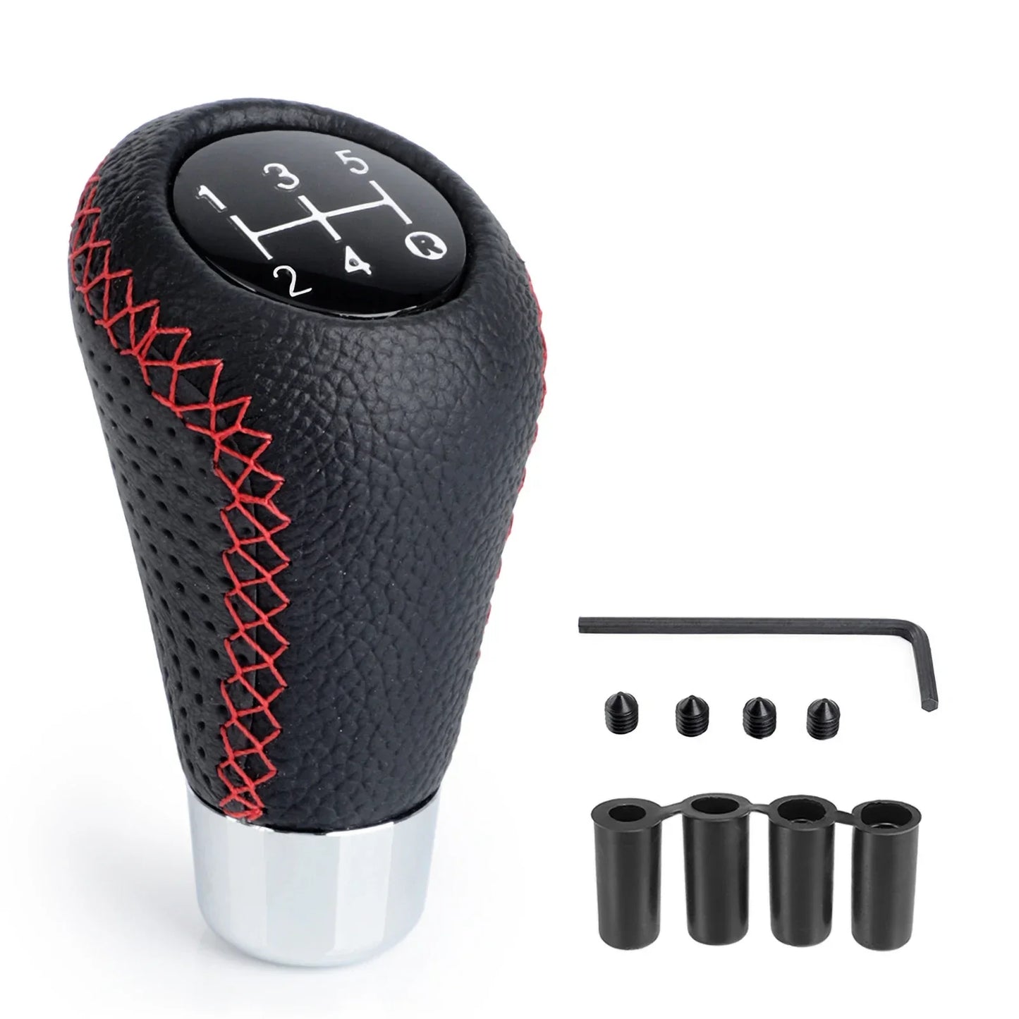 'Black/Red leather gear knob. 5-speed manual. Universal fit.'